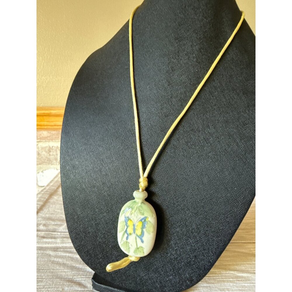 Vintage Avon Butterfly Pendant Necklace  Yellow Cord & Hand-Painted Bottle